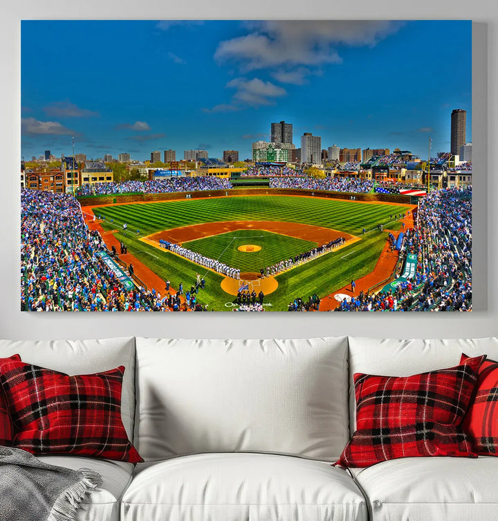 The Wrigley Field Chicago Cubs Panoramic 3-Piece Canvas Wall Art showcases an iconic print capturing the energy of a bustling baseball stadium, perfect for sports lovers.