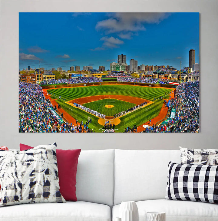 The Wrigley Field Chicago Cubs Panoramic 3-Piece Canvas Wall Art showcases an iconic print capturing the energy of a bustling baseball stadium, perfect for sports lovers.