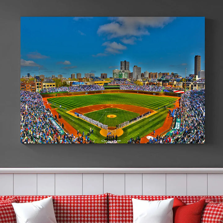 The Wrigley Field Chicago Cubs Panoramic 3-Piece Canvas Wall Art showcases an iconic print capturing the energy of a bustling baseball stadium, perfect for sports lovers.