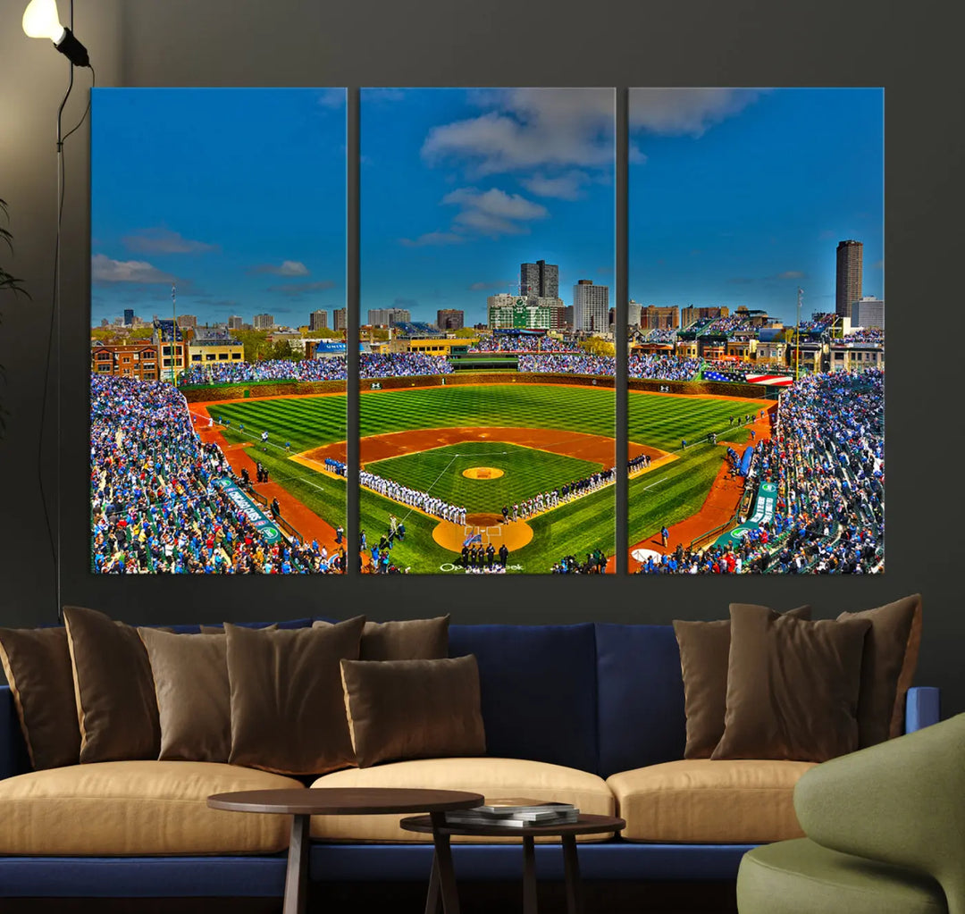 The Wrigley Field Chicago Cubs Panoramic 3-Piece Canvas Wall Art showcases an iconic print capturing the energy of a bustling baseball stadium, perfect for sports lovers.