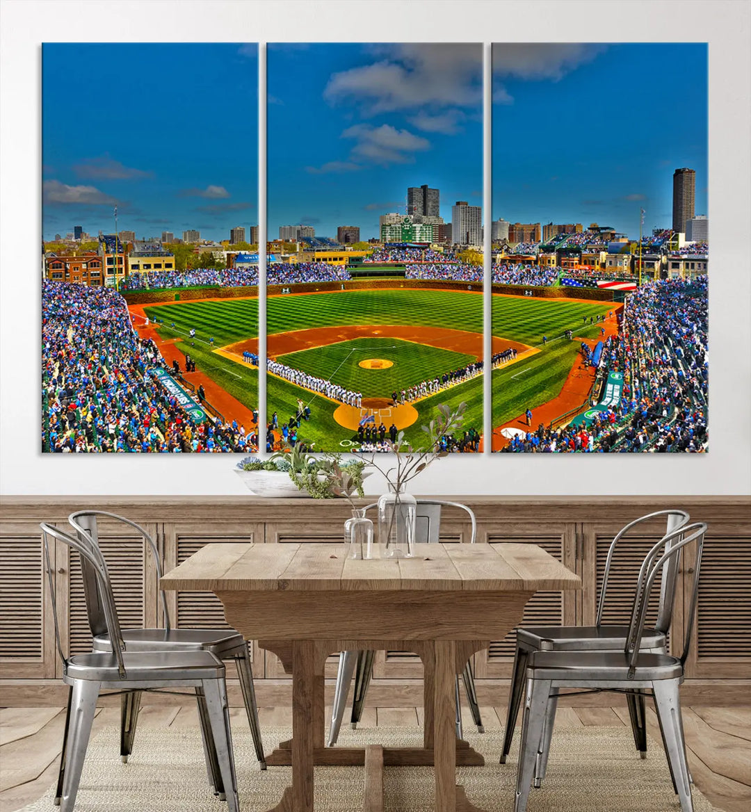 The Wrigley Field Chicago Cubs Panoramic 3-Piece Canvas Wall Art showcases an iconic print capturing the energy of a bustling baseball stadium, perfect for sports lovers.