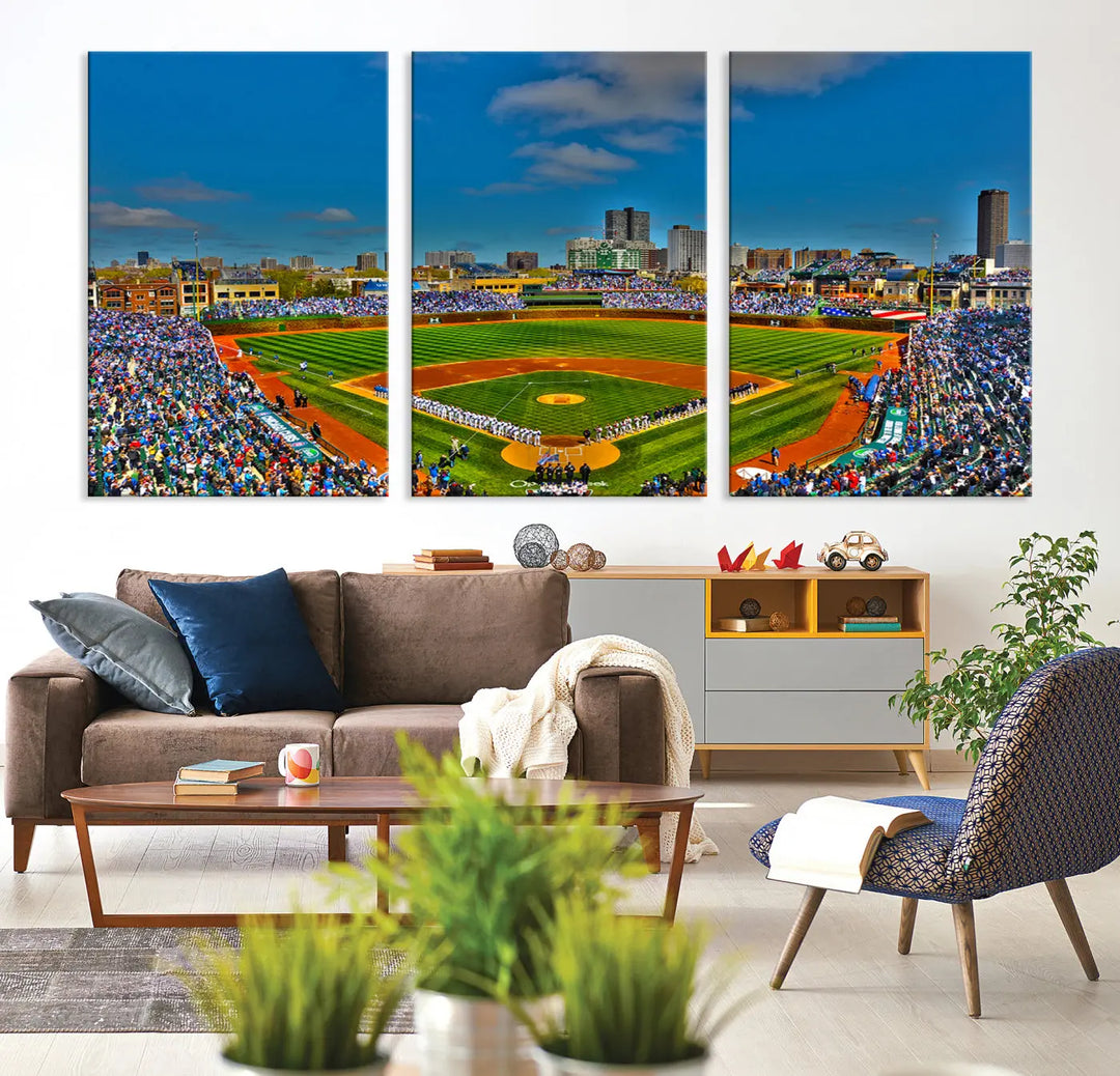 The Wrigley Field Chicago Cubs Panoramic 3-Piece Canvas Wall Art showcases an iconic print capturing the energy of a bustling baseball stadium, perfect for sports lovers.