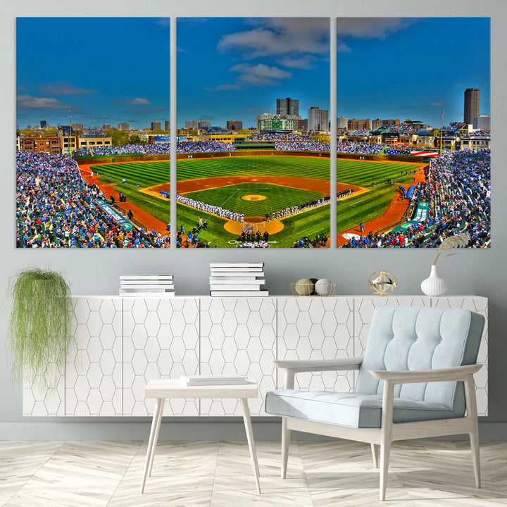 The Wrigley Field Chicago Cubs Panoramic 3-Piece Canvas Wall Art showcases an iconic print capturing the energy of a bustling baseball stadium, perfect for sports lovers.