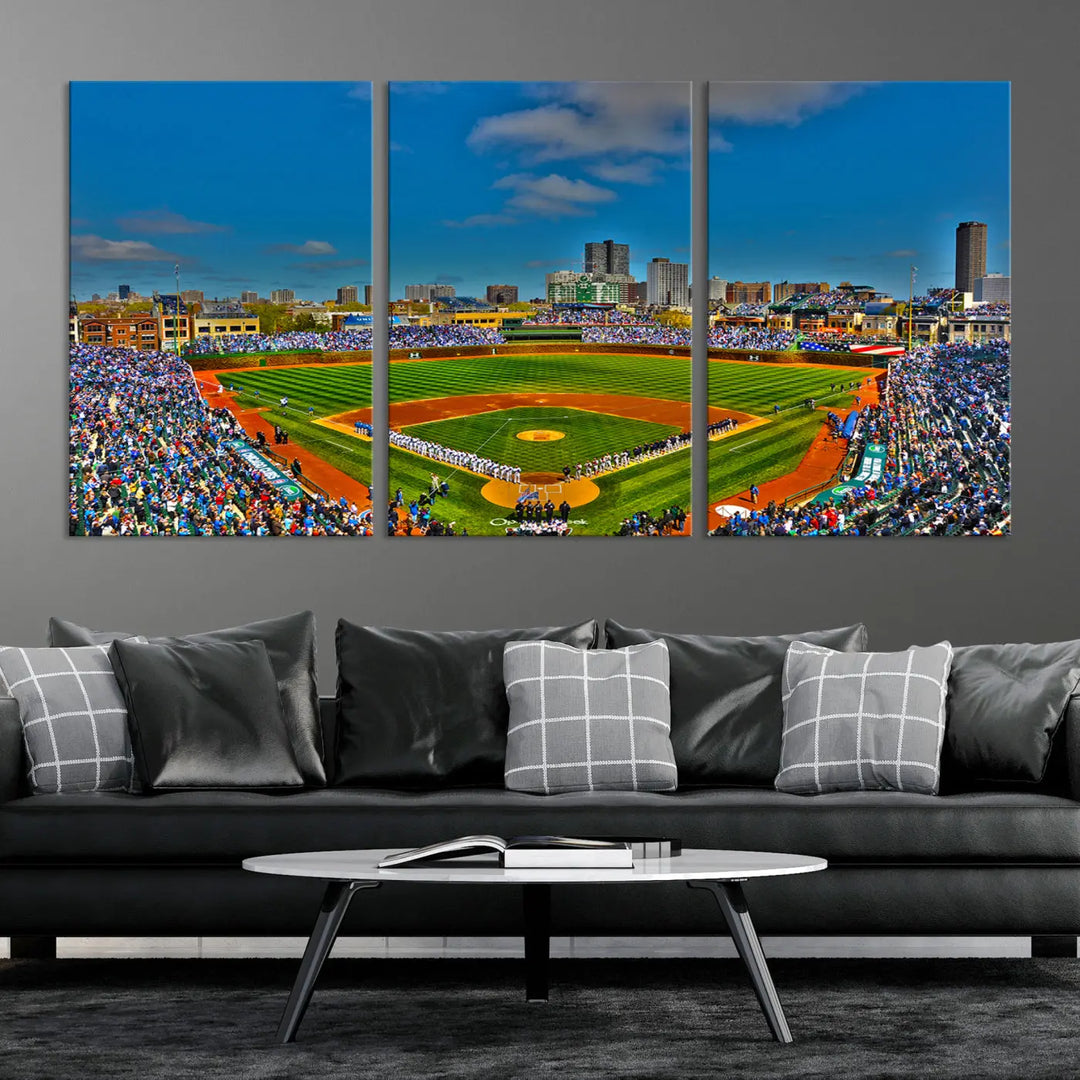 The Wrigley Field Chicago Cubs Panoramic 3-Piece Canvas Wall Art showcases an iconic print capturing the energy of a bustling baseball stadium, perfect for sports lovers.