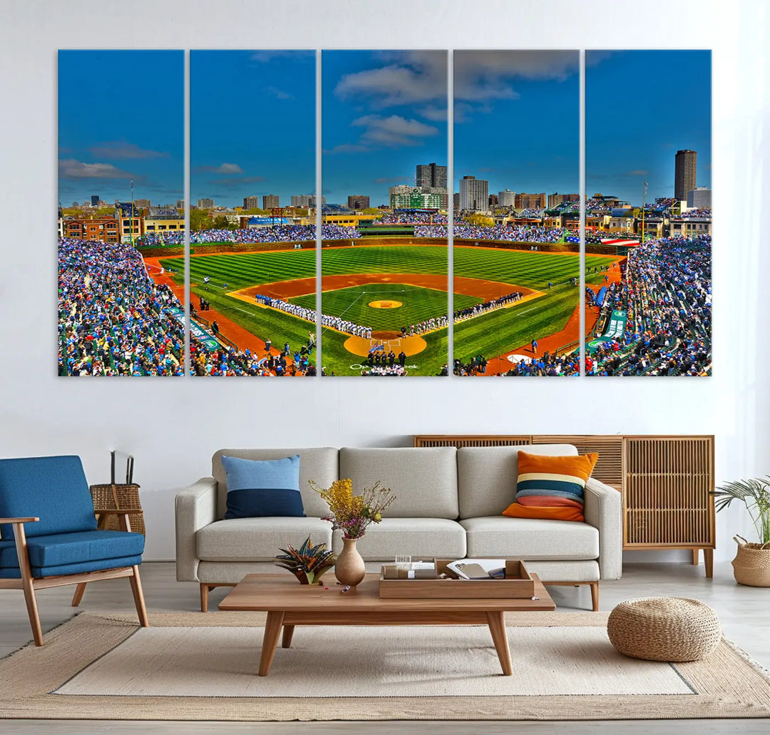 The Wrigley Field Chicago Cubs Panoramic 3-Piece Canvas Wall Art showcases an iconic print capturing the energy of a bustling baseball stadium, perfect for sports lovers.