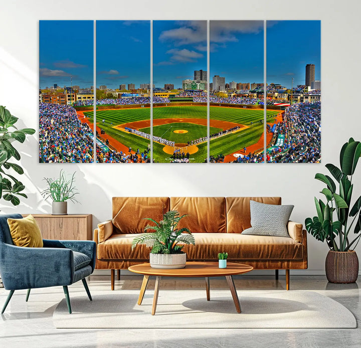 The Wrigley Field Chicago Cubs Panoramic 3-Piece Canvas Wall Art showcases an iconic print capturing the energy of a bustling baseball stadium, perfect for sports lovers.