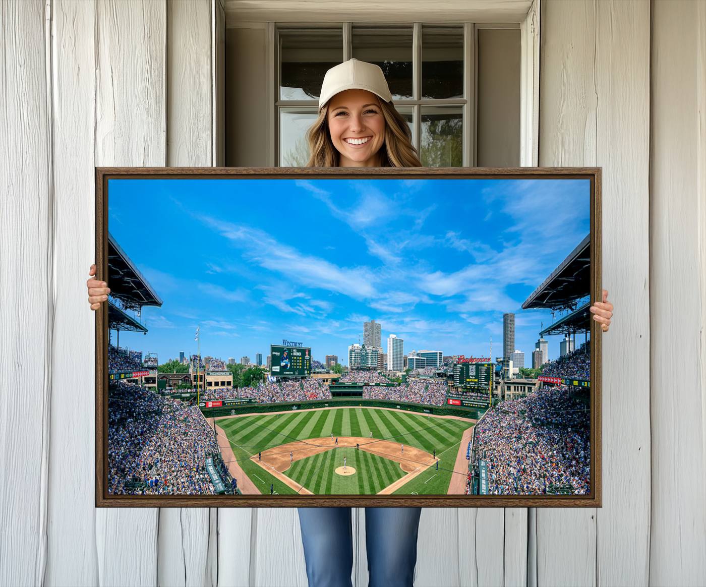32373-MGV-FC-36X24_Walnut-Wrigley Field Chicago Cubs Panoramic Art Multi Piece Canvas - Iconic Baseball Stadium Print for Sports Lovers - Ready to Hang