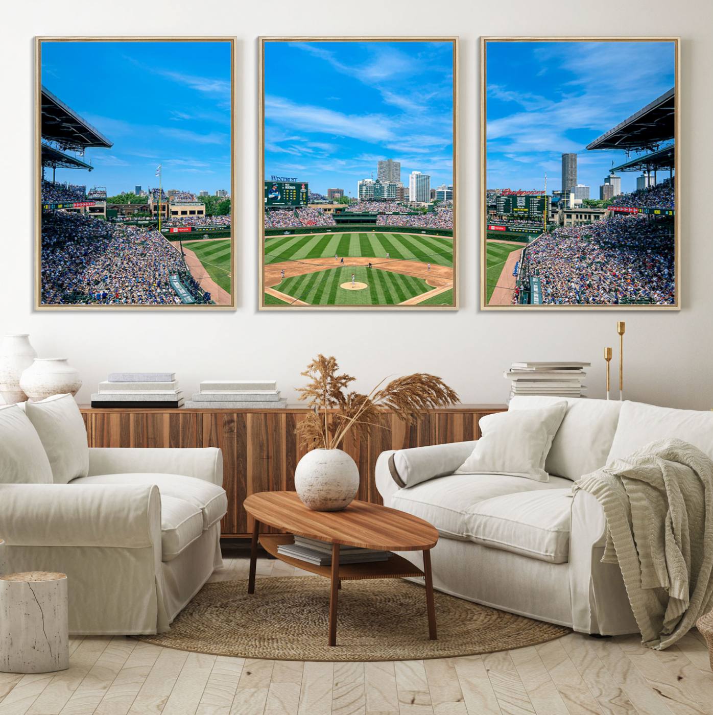 32373-MGV-FC-60X30-3P_Natural-Wrigley Field Chicago Cubs Panoramic Art Multi Piece Canvas - Iconic Baseball Stadium Print for Sports Lovers - Ready to Hang