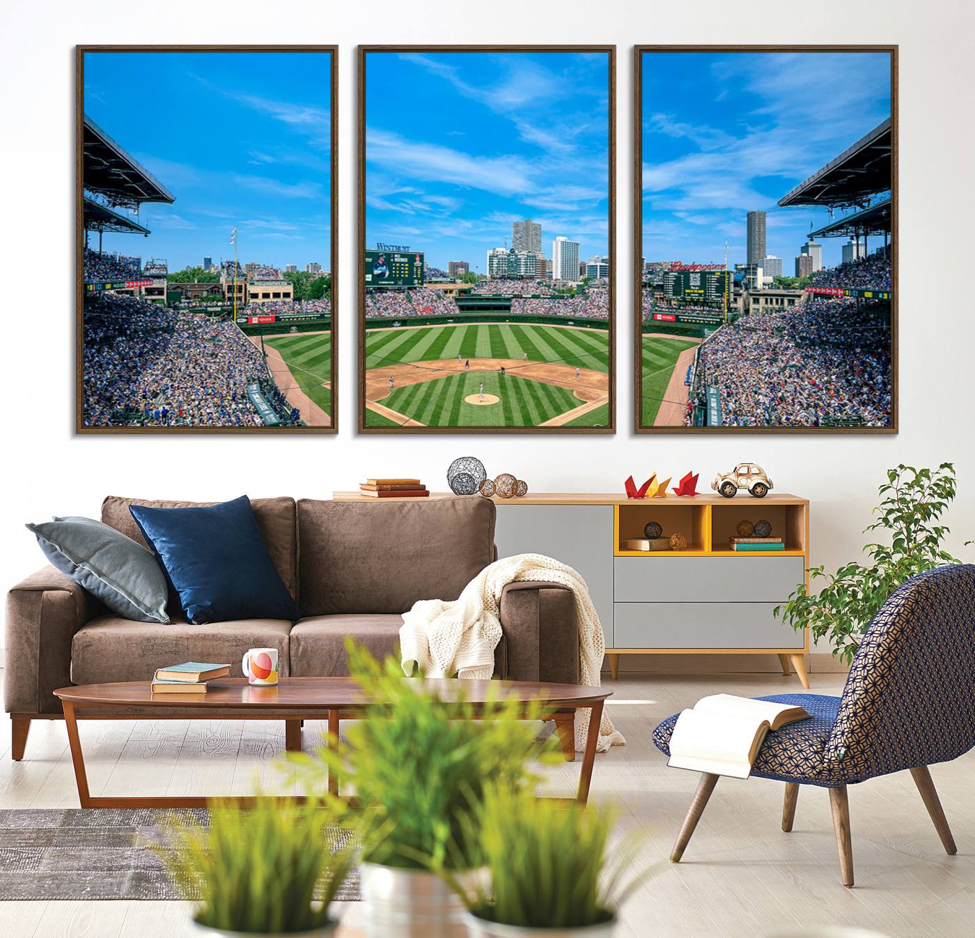 32373-MGV-FC-60X30-3P_Walnut-Wrigley Field Chicago Cubs Panoramic Art Multi Piece Canvas - Iconic Baseball Stadium Print for Sports Lovers - Ready to Hang