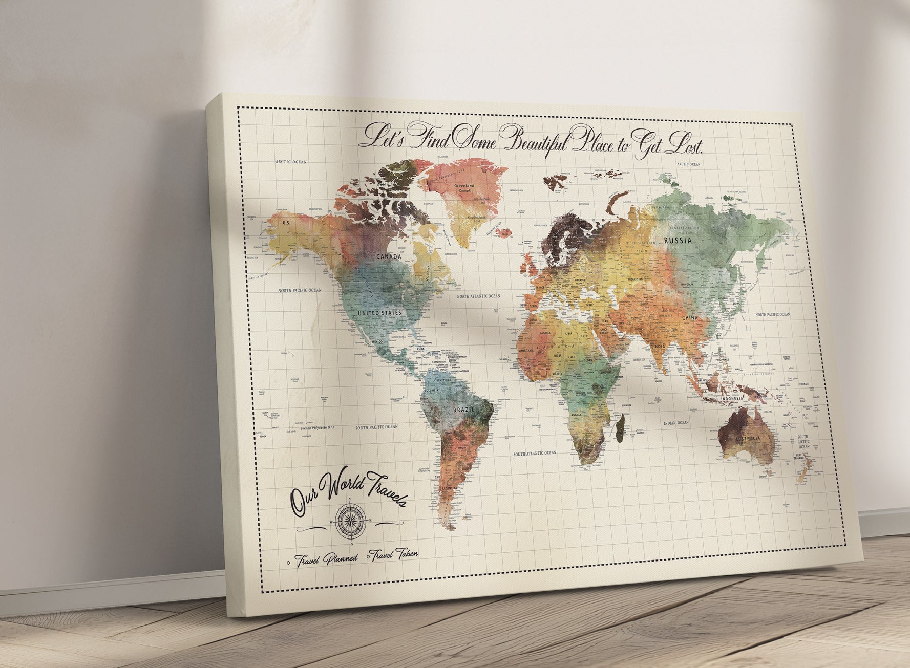 Rehber01-MGV-CV-36X24-Custom Framed World Map Canvas Print Personalized Push Pin Travel Tracker Gift for Couples for Home, Office