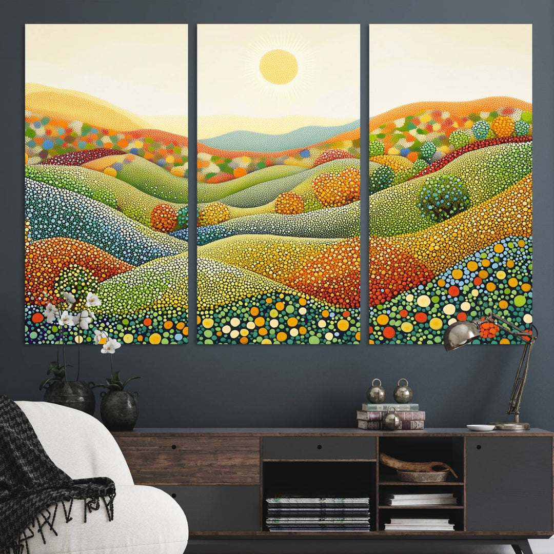 YAYOI KUSAMA Colorful Dot Art Landscape Canvas - Framed Abstract Pointillism Inspired by Nature with Vibrant Rolling Hills and Sun Art