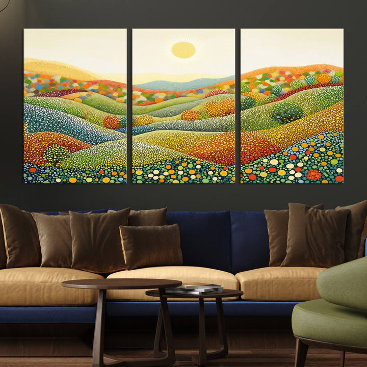 YAYOI KUSAMA Colorful Dot Art Landscape Canvas - Framed Abstract Pointillism Inspired by Nature with Vibrant Rolling Hills and Sun Art