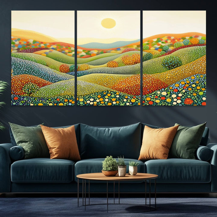 YAYOI KUSAMA Colorful Dot Art Landscape Canvas - Framed Abstract Pointillism Inspired by Nature with Vibrant Rolling Hills and Sun Art