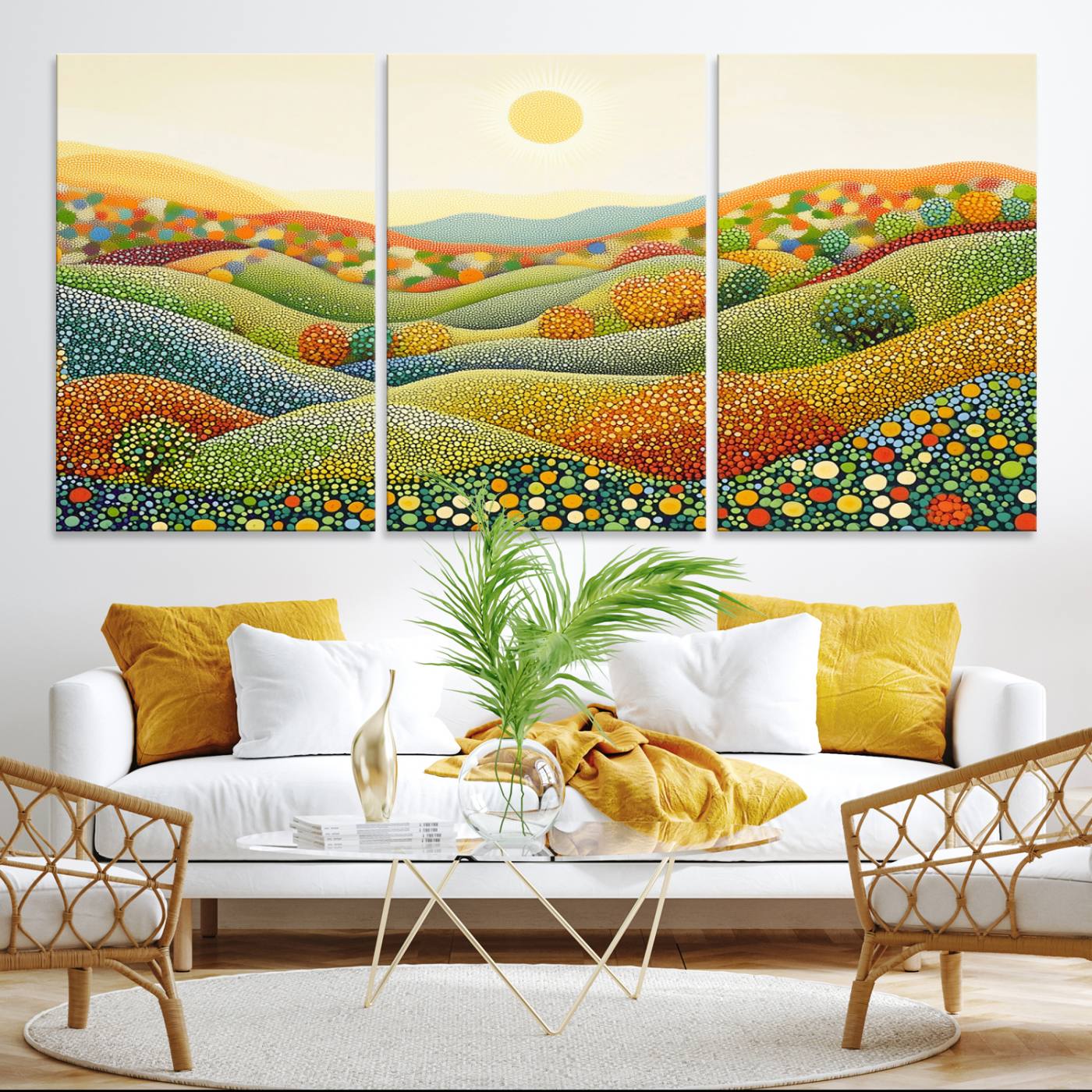 27683-MGV-CV-36X24-YAYOI KUSAMA Colorful Dot Art Landscape Canvas - Framed Abstract Pointillism Inspired by Nature with Vibrant Rolling Hills and Sun Art