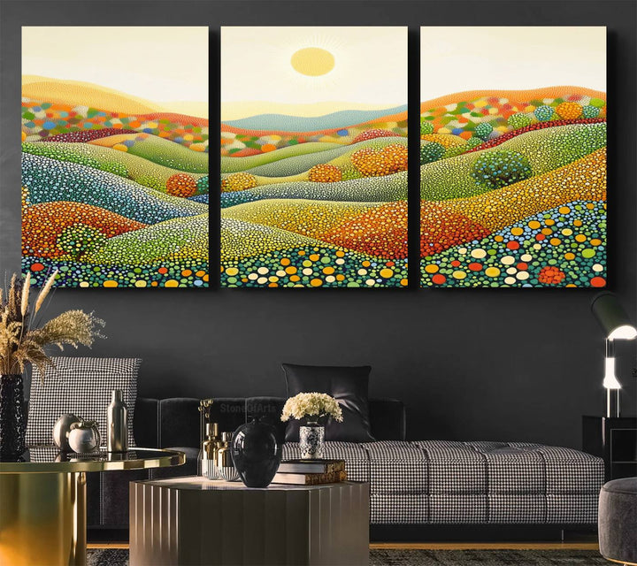 YAYOI KUSAMA Colorful Dot Art Landscape Canvas - Framed Abstract Pointillism Inspired by Nature with Vibrant Rolling Hills and Sun Art