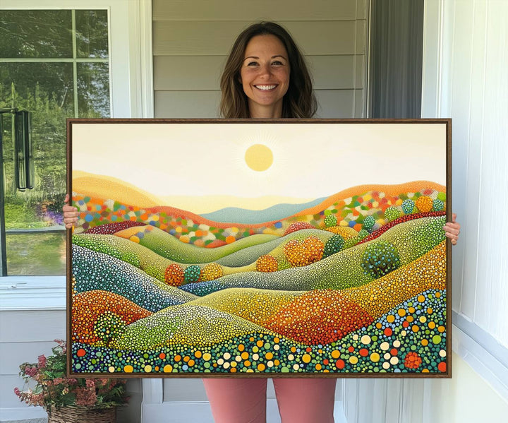 27683-MGV-CV-36X24-YAYOI KUSAMA Colorful Dot Art Landscape Canvas - Framed Abstract Pointillism Inspired by Nature with Vibrant Rolling Hills and Sun Art