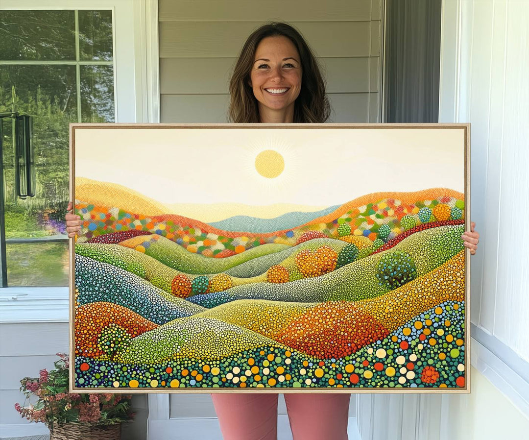 27683-MGV-CV-36X24-YAYOI KUSAMA Colorful Dot Art Landscape Canvas - Framed Abstract Pointillism Inspired by Nature with Vibrant Rolling Hills and Sun Art