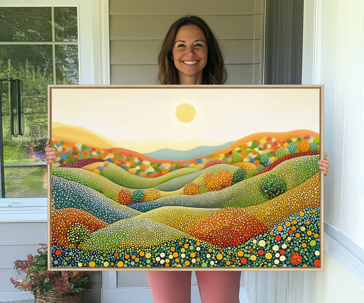 27683-MGV-CV-36X24-YAYOI KUSAMA Colorful Dot Art Landscape Canvas - Framed Abstract Pointillism Inspired by Nature with Vibrant Rolling Hills and Sun Art
