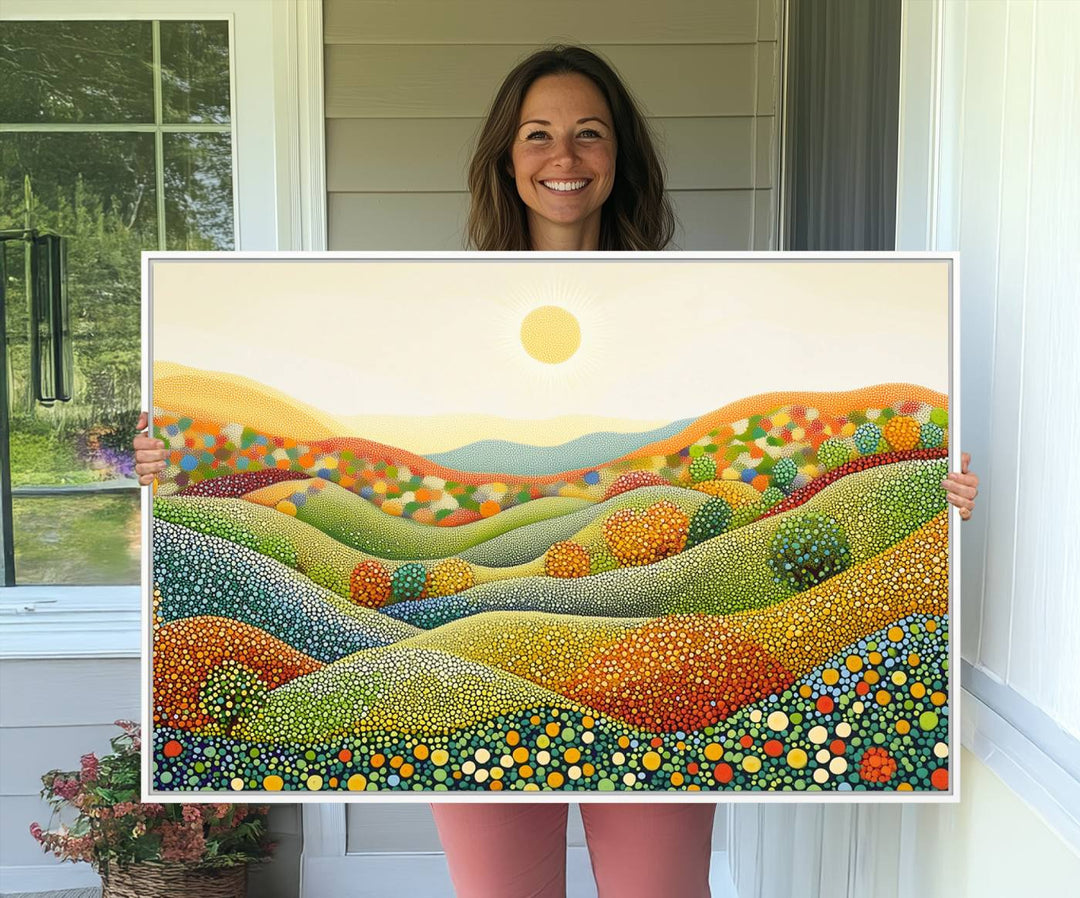 27683-MGV-CV-36X24-YAYOI KUSAMA Colorful Dot Art Landscape Canvas - Framed Abstract Pointillism Inspired by Nature with Vibrant Rolling Hills and Sun Art