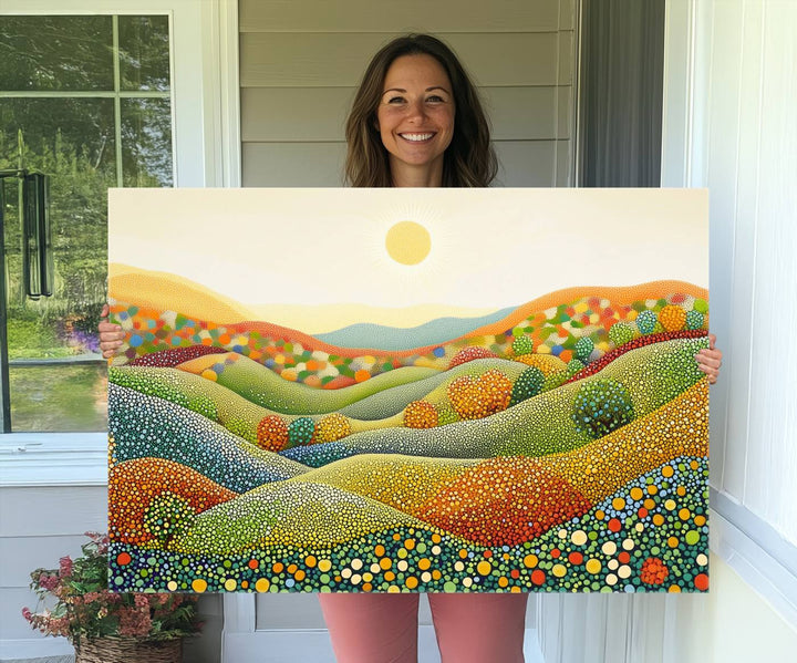 YAYOI KUSAMA Colorful Dot Art Landscape Canvas - Framed Abstract Pointillism Inspired by Nature with Vibrant Rolling Hills and Sun Art