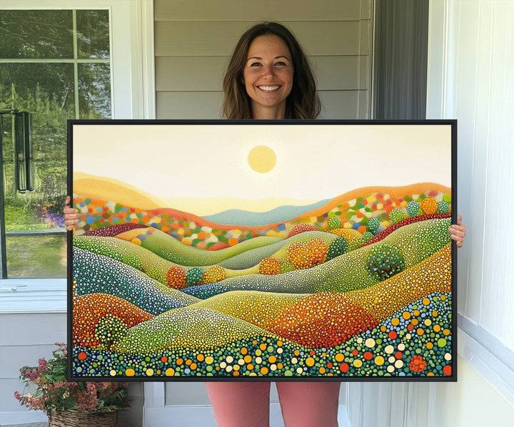 27683-MGV-CV-36X24-YAYOI KUSAMA Colorful Dot Art Landscape Canvas - Framed Abstract Pointillism Inspired by Nature with Vibrant Rolling Hills and Sun Art