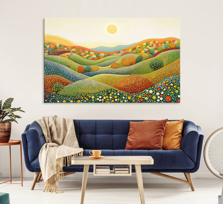 YAYOI KUSAMA Colorful Dot Art Landscape Canvas - Framed Abstract Pointillism Inspired by Nature with Vibrant Rolling Hills and Sun Art