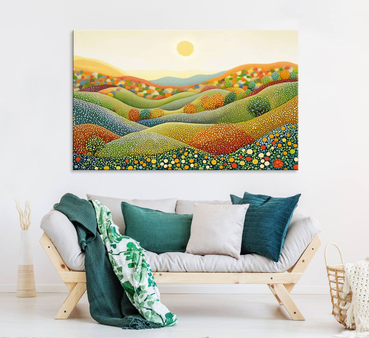 YAYOI KUSAMA Colorful Dot Art Landscape Canvas - Framed Abstract Pointillism Inspired by Nature with Vibrant Rolling Hills and Sun Art