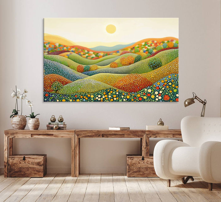YAYOI KUSAMA Colorful Dot Art Landscape Canvas - Framed Abstract Pointillism Inspired by Nature with Vibrant Rolling Hills and Sun Art