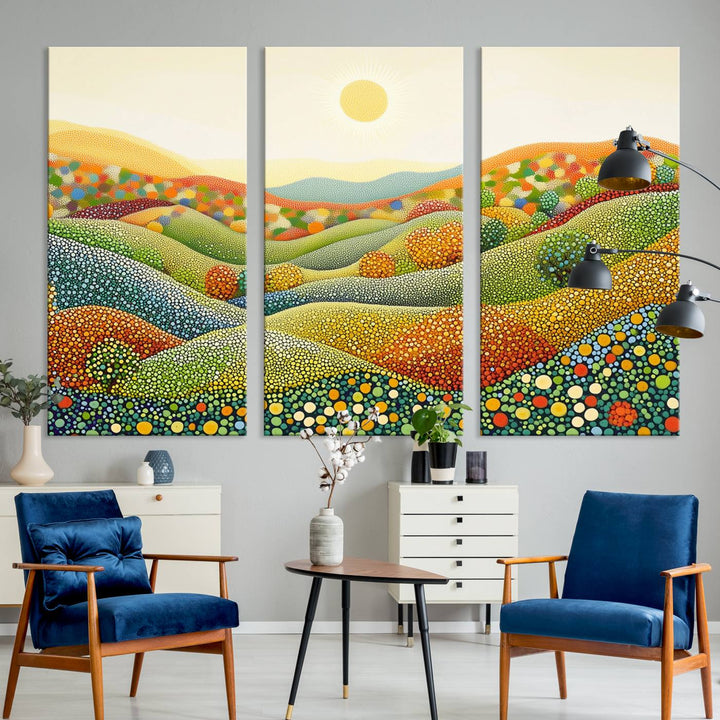 YAYOI KUSAMA Colorful Dot Art Landscape Canvas - Framed Abstract Pointillism Inspired by Nature with Vibrant Rolling Hills and Sun Art