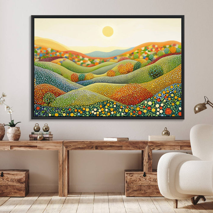YAYOI KUSAMA Colorful Dot Art Landscape Canvas - Framed Abstract Pointillism Inspired by Nature with Vibrant Rolling Hills and Sun Art