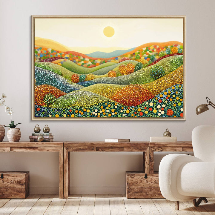YAYOI KUSAMA Colorful Dot Art Landscape Canvas - Framed Abstract Pointillism Inspired by Nature with Vibrant Rolling Hills and Sun Art
