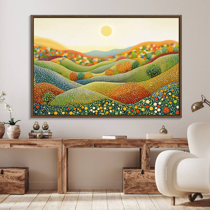 27683-MGV-FC-36X24_Walnut-YAYOI KUSAMA Colorful Dot Art Landscape Canvas - Framed Abstract Pointillism Inspired by Nature with Vibrant Rolling Hills and Sun Art