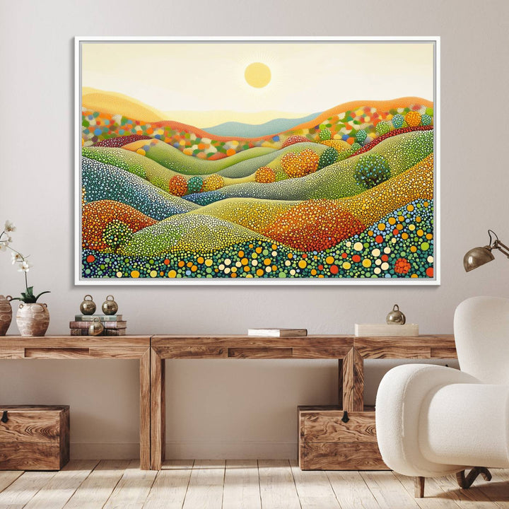 YAYOI KUSAMA Colorful Dot Art Landscape Canvas - Framed Abstract Pointillism Inspired by Nature with Vibrant Rolling Hills and Sun Art