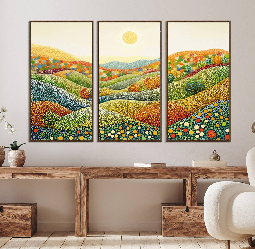 27683-MGV-FC-48X32-3P_Walnut-YAYOI KUSAMA Colorful Dot Art Landscape Canvas - Framed Abstract Pointillism Inspired by Nature with Vibrant Rolling Hills and Sun Art