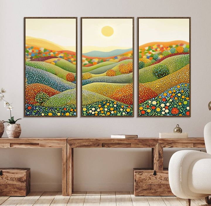 27683-MGV-FC-48X32-3P_Walnut-YAYOI KUSAMA Colorful Dot Art Landscape Canvas - Framed Abstract Pointillism Inspired by Nature with Vibrant Rolling Hills and Sun Art