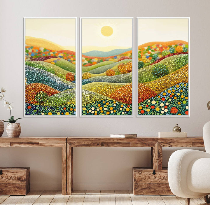 27683-MGV-FC-48X32-3P_White-YAYOI KUSAMA Colorful Dot Art Landscape Canvas - Framed Abstract Pointillism Inspired by Nature with Vibrant Rolling Hills and Sun Art