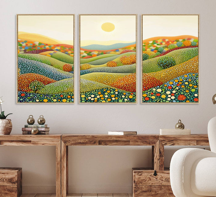 27683-MGV-FC-60X30-3P_Natural-YAYOI KUSAMA Colorful Dot Art Landscape Canvas - Framed Abstract Pointillism Inspired by Nature with Vibrant Rolling Hills and Sun Art