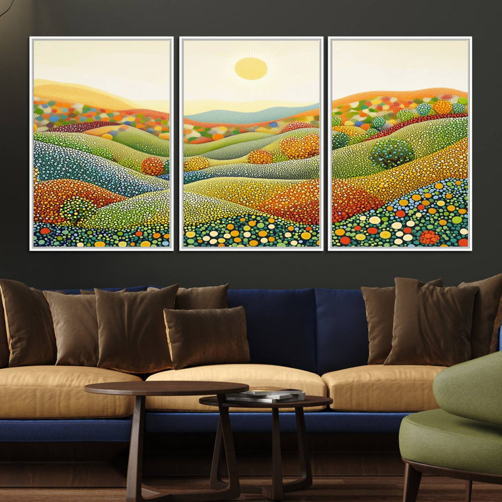 27683-MGV-FC-60X30-3P_White-YAYOI KUSAMA Colorful Dot Art Landscape Canvas - Framed Abstract Pointillism Inspired by Nature with Vibrant Rolling Hills and Sun Art