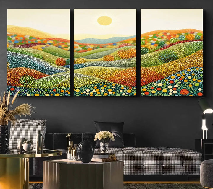 The YAYOI KUSAMA Colorful Dot Art Landscape Canvas, a framed abstract pointillism piece inspired by nature featuring vibrant rolling hills and a sun, adds gallery-quality elegance to your living space.