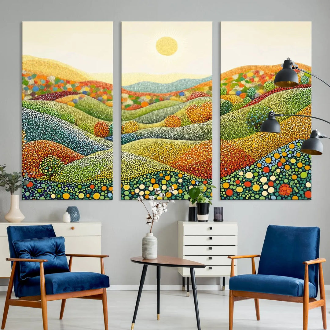 The YAYOI KUSAMA Colorful Dot Art Landscape Canvas, a framed abstract pointillism piece inspired by nature featuring vibrant rolling hills and a sun, adds gallery-quality elegance to your living space.