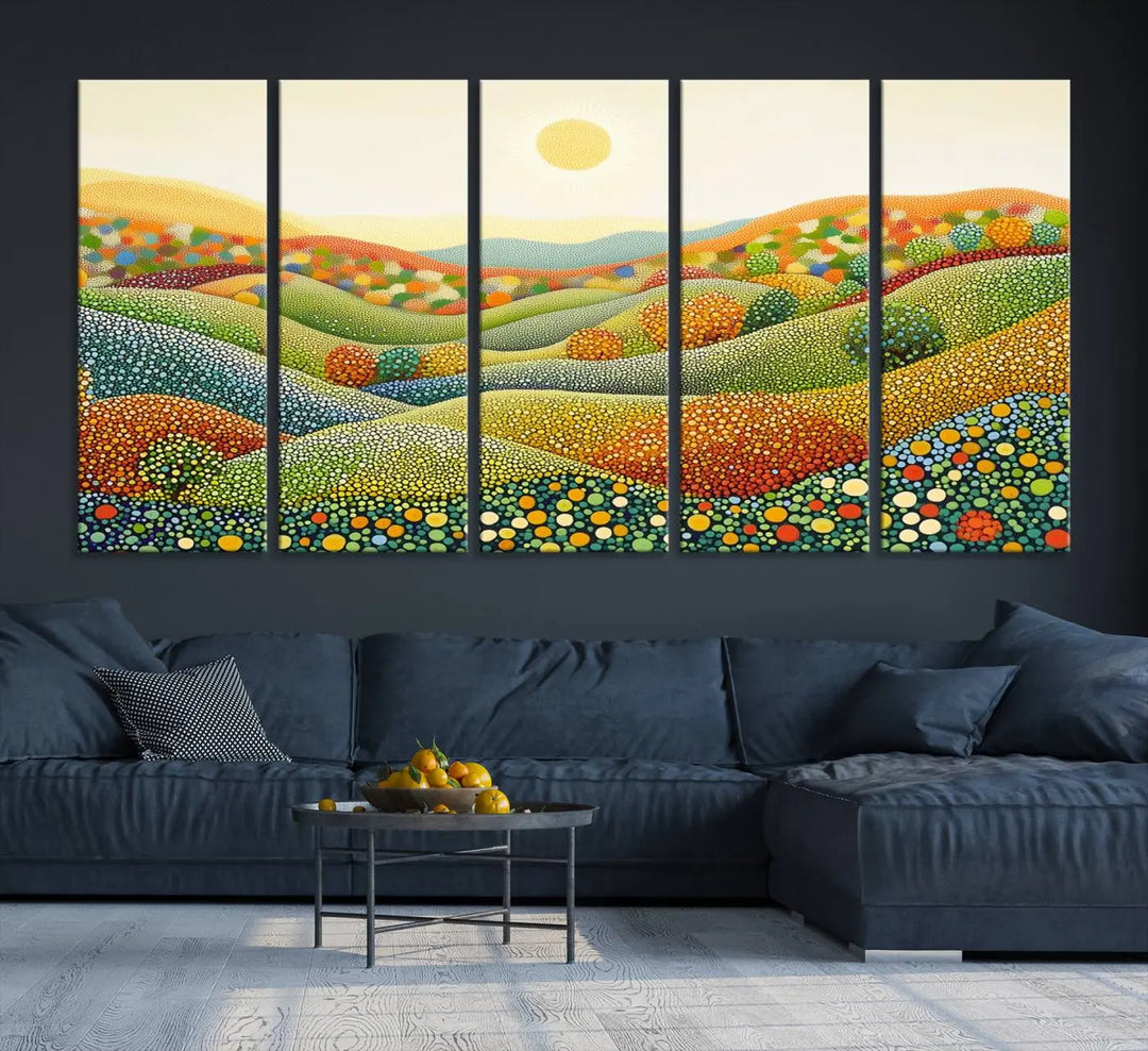 The YAYOI KUSAMA Colorful Dot Art Landscape Canvas, a framed abstract pointillism piece inspired by nature featuring vibrant rolling hills and a sun, adds gallery-quality elegance to your living space.