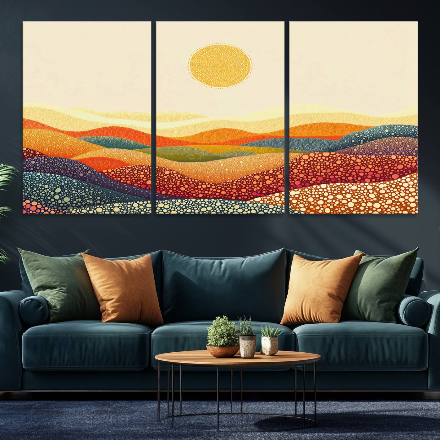 74226-MGV-CV-36X24-YAYOI KUSAMA Colorful Dot Art Landscape Canvas - Framed Abstract Pointillism Inspired by Nature with Vibrant Rolling Hills and Sun Art Print