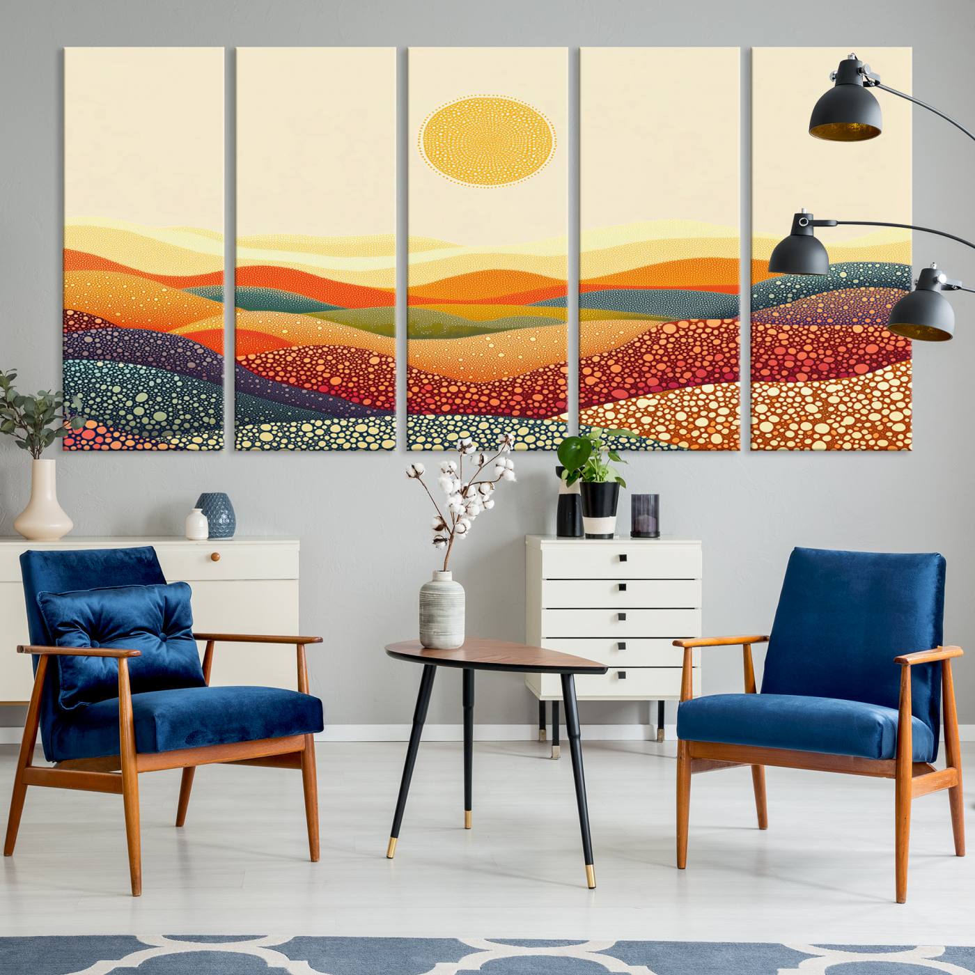74226-MGV-CV-36X24-YAYOI KUSAMA Colorful Dot Art Landscape Canvas - Framed Abstract Pointillism Inspired by Nature with Vibrant Rolling Hills and Sun Art Print