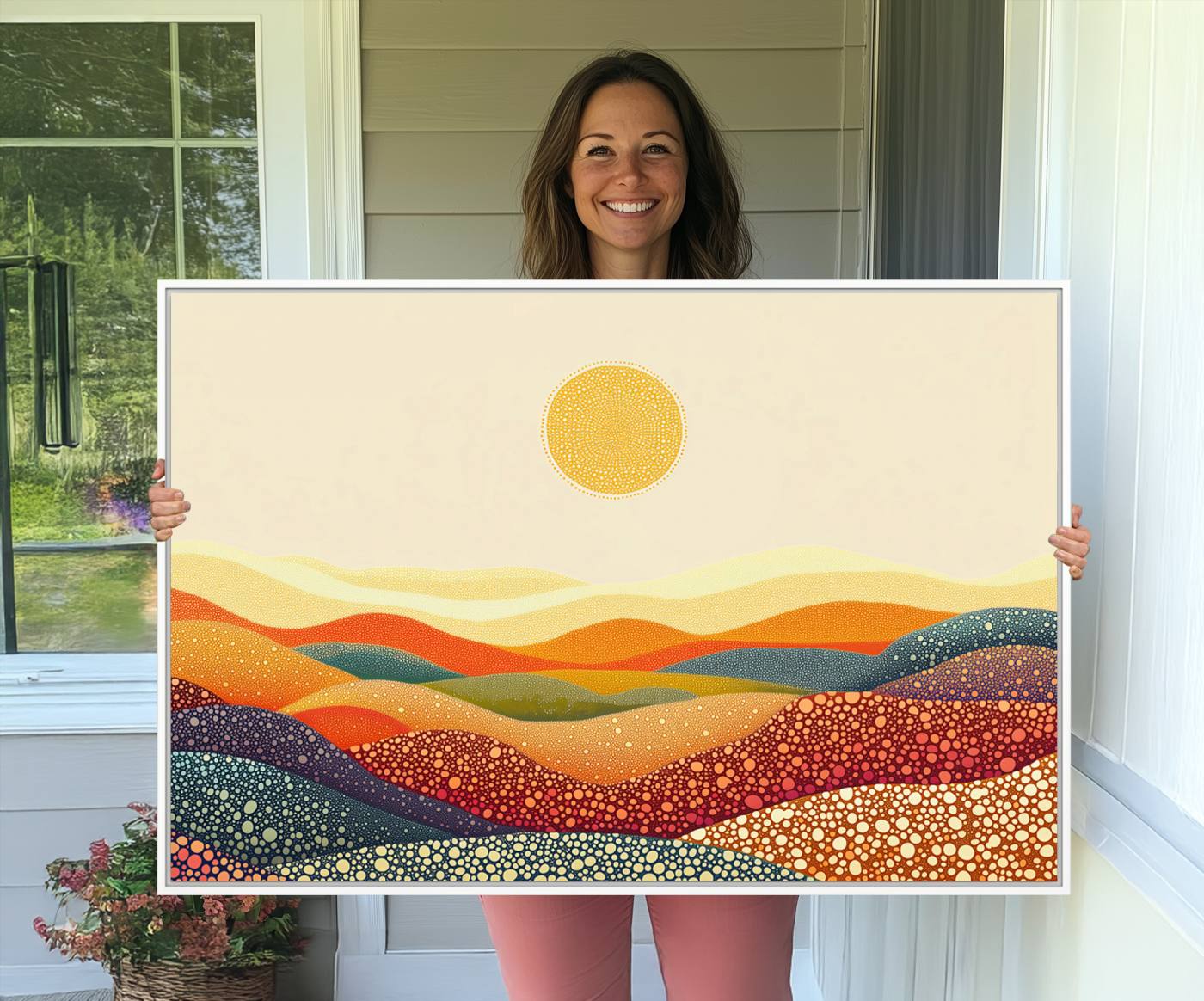 74226-MGV-CV-36X24-YAYOI KUSAMA Colorful Dot Art Landscape Canvas - Framed Abstract Pointillism Inspired by Nature with Vibrant Rolling Hills and Sun Art Print
