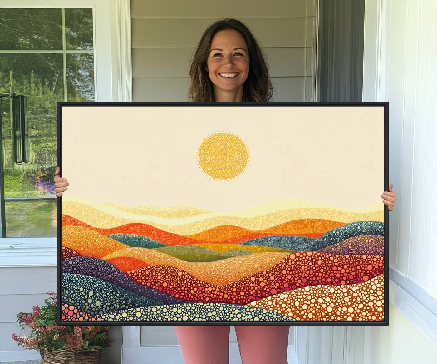 74226-MGV-CV-36X24-YAYOI KUSAMA Colorful Dot Art Landscape Canvas - Framed Abstract Pointillism Inspired by Nature with Vibrant Rolling Hills and Sun Art Print