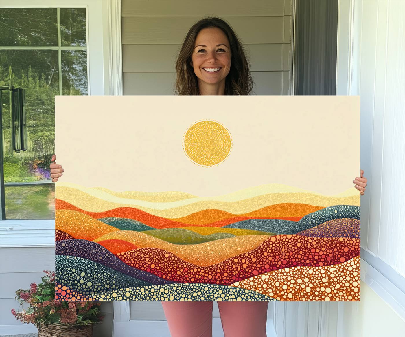 74226-MGV-CV-36X24-YAYOI KUSAMA Colorful Dot Art Landscape Canvas - Framed Abstract Pointillism Inspired by Nature with Vibrant Rolling Hills and Sun Art Print
