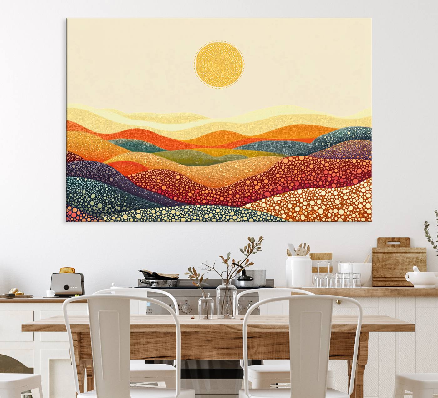 74226-MGV-CV-36X24-YAYOI KUSAMA Colorful Dot Art Landscape Canvas - Framed Abstract Pointillism Inspired by Nature with Vibrant Rolling Hills and Sun Art Print