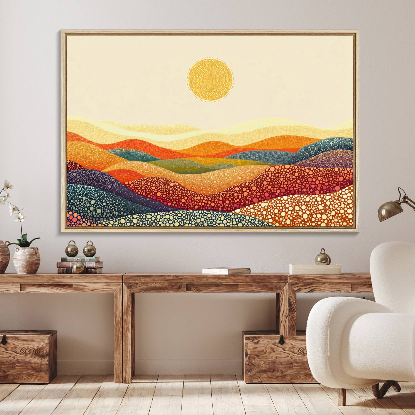 74226-MGV-FC-36X24_Natural-YAYOI KUSAMA Colorful Dot Art Landscape Canvas - Framed Abstract Pointillism Inspired by Nature with Vibrant Rolling Hills and Sun Art Print