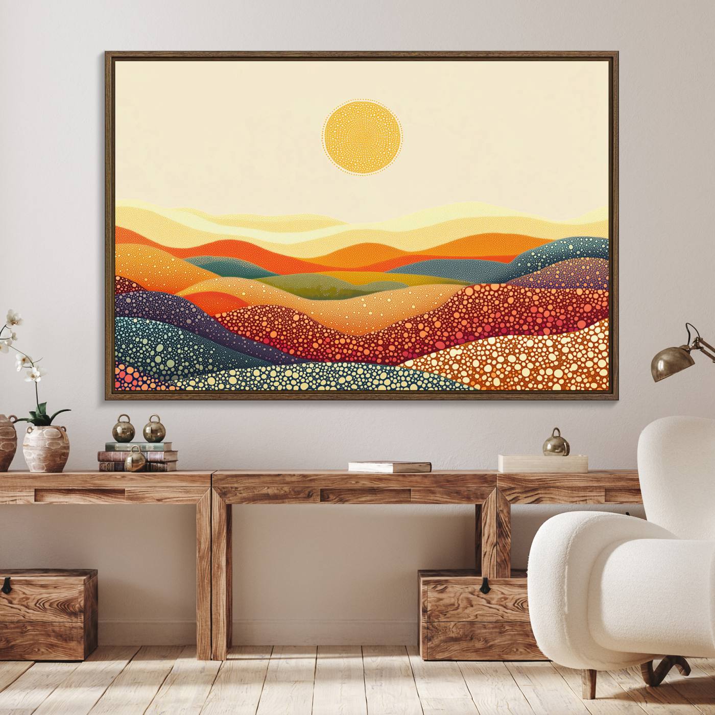 74226-MGV-FC-36X24_Walnut-YAYOI KUSAMA Colorful Dot Art Landscape Canvas - Framed Abstract Pointillism Inspired by Nature with Vibrant Rolling Hills and Sun Art Print