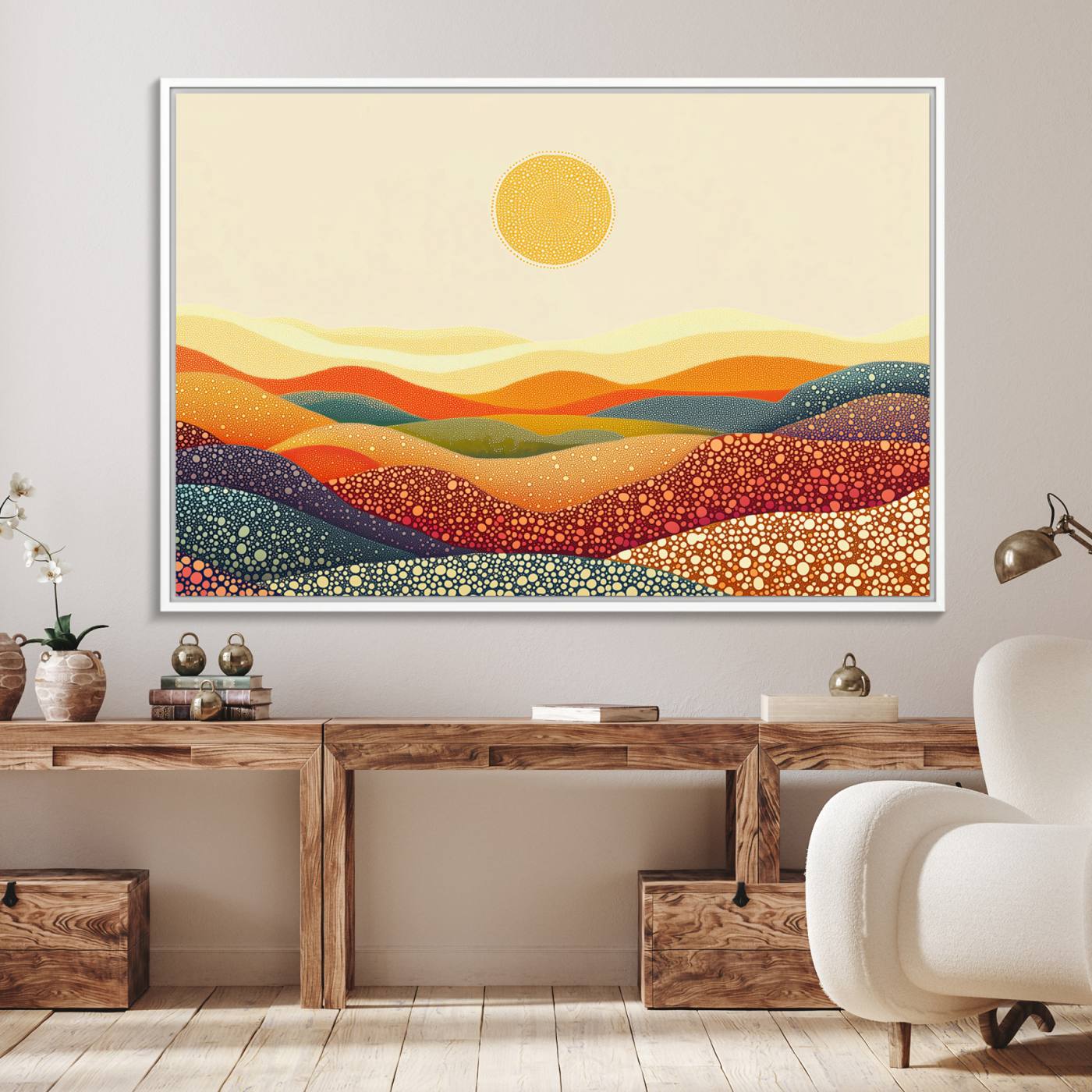 74226-MGV-FC-36X24_White-YAYOI KUSAMA Colorful Dot Art Landscape Canvas - Framed Abstract Pointillism Inspired by Nature with Vibrant Rolling Hills and Sun Art Print